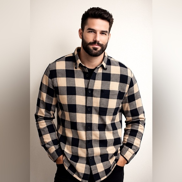 Other - Nova Men Buffalo Plaid Flannel Shirt – Black & Tan – 100% Cotton – XL